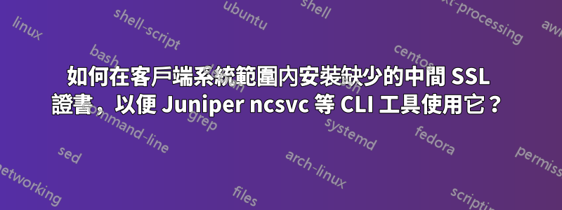 如何在客戶端系統範圍內安裝缺少的中間 SSL 證書，以便 Juniper ncsvc 等 CLI 工具使用它？