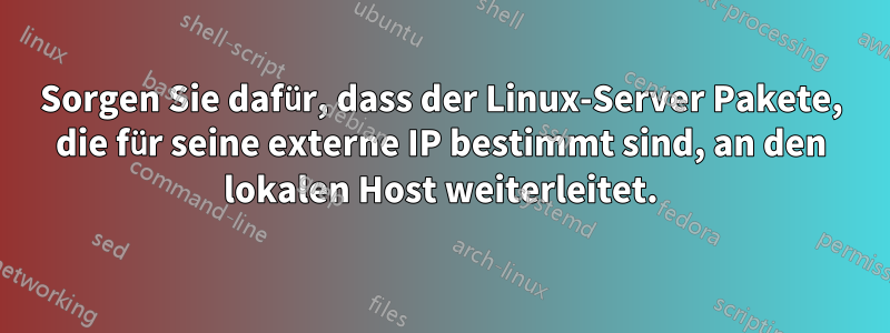 Sorgen Sie dafür, dass der Linux-Server Pakete, die für seine externe IP bestimmt sind, an den lokalen Host weiterleitet.