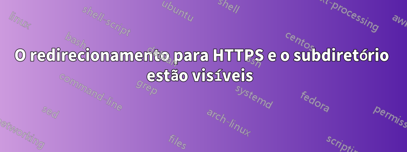 O redirecionamento para HTTPS e o subdiretório estão visíveis 