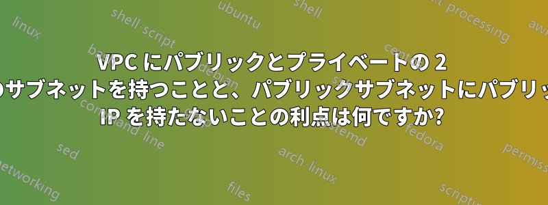 VPC にパブリックとプライベートの 2 つのサブネットを持つことと、パブリックサブネットにパブリック IP を持たないことの利点は何ですか?