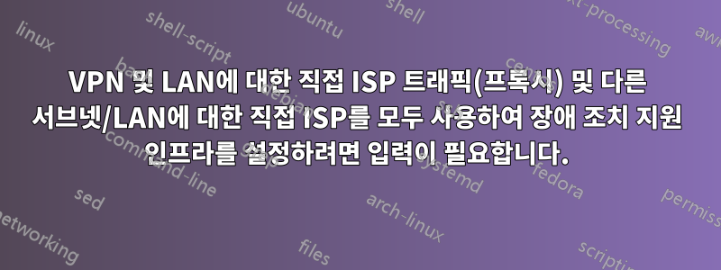 VPN 및 LAN에 대한 직접 ISP 트래픽(프록시) 및 다른 서브넷/LAN에 대한 직접 ISP를 모두 사용하여 장애 조치 지원 인프라를 설정하려면 입력이 필요합니다.