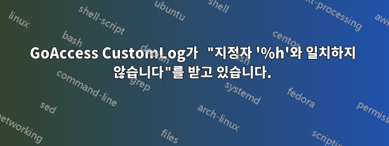 GoAccess CustomLog가 "지정자 '%h'와 일치하지 않습니다"를 받고 있습니다.