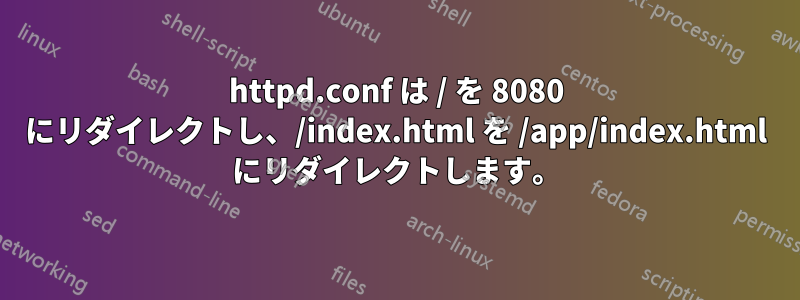 httpd.conf は / を 8080 にリダイレクトし、/index.html を /app/index.html にリダイレクトします。