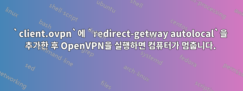 `client.ovpn`에 `redirect-getway autolocal`을 추가한 후 OpenVPN을 실행하면 컴퓨터가 멈춥니다.