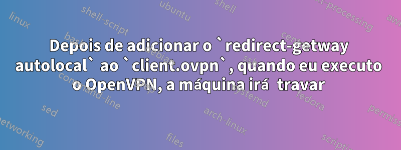 Depois de adicionar o `redirect-getway autolocal` ao `client.ovpn`, quando eu executo o OpenVPN, a máquina irá travar