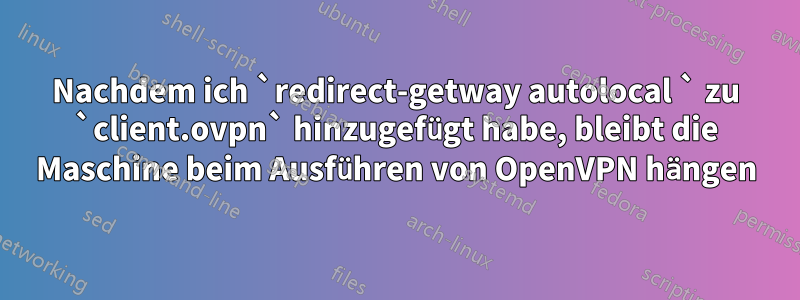 Nachdem ich `redirect-getway autolocal ` zu `client.ovpn` hinzugefügt habe, bleibt die Maschine beim Ausführen von OpenVPN hängen