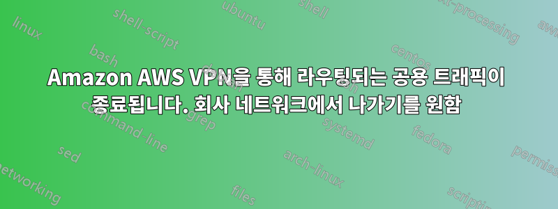 Amazon AWS VPN을 통해 라우팅되는 공용 트래픽이 종료됩니다. 회사 네트워크에서 나가기를 원함