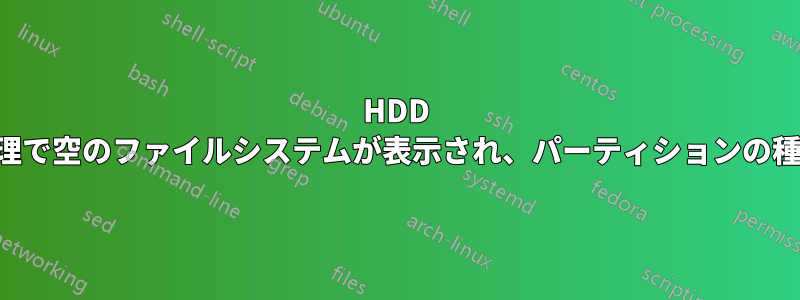 HDD のディスク管理で空のファイルシステムが表示され、パーティションの種類が不明です