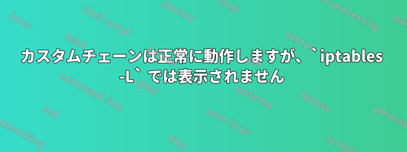 カスタムチェーンは正常に動作しますが、`iptables -L` では表示されません