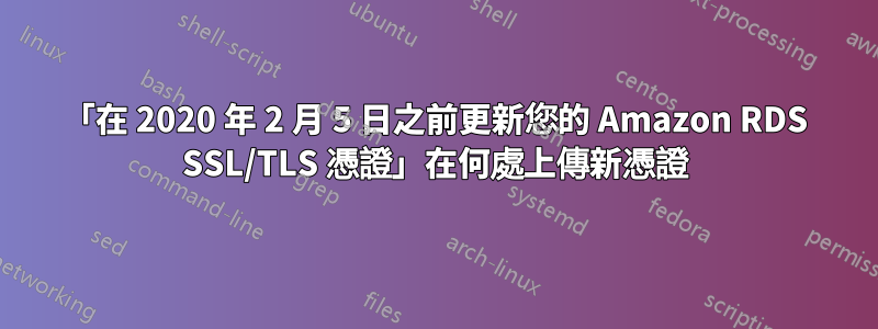 「在 2020 年 2 月 5 日之前更新您的 Amazon RDS SSL/TLS 憑證」在何處上傳新憑證