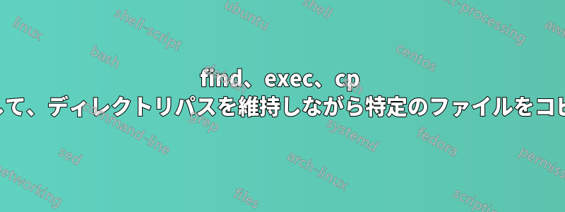 find、exec、cp を使用して、ディレクトリパスを維持しながら特定のファイルをコピーする