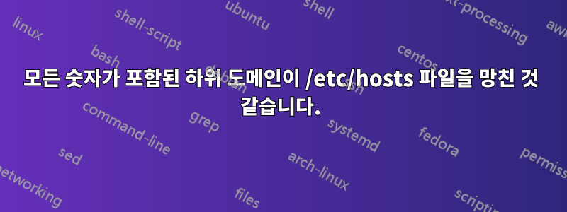 모든 숫자가 포함된 하위 도메인이 /etc/hosts 파일을 망친 것 같습니다.