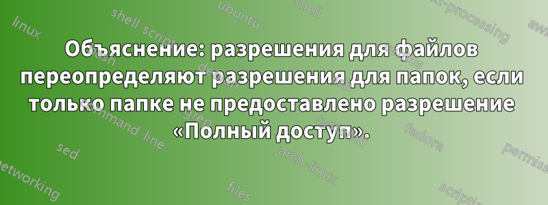 Объяснение: разрешения для файлов переопределяют разрешения для папок, если только папке не предоставлено разрешение «Полный доступ».