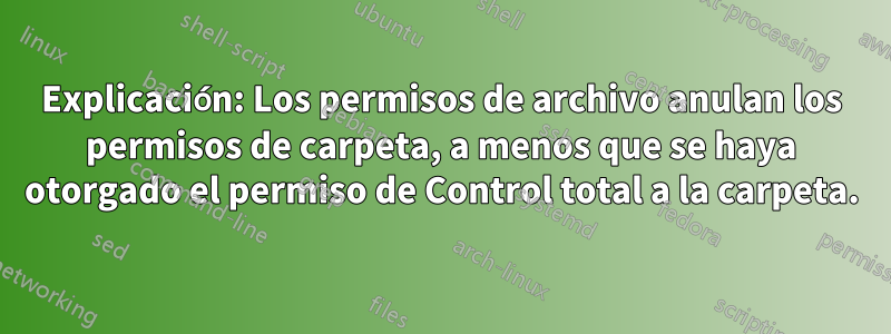 Explicación: Los permisos de archivo anulan los permisos de carpeta, a menos que se haya otorgado el permiso de Control total a la carpeta.