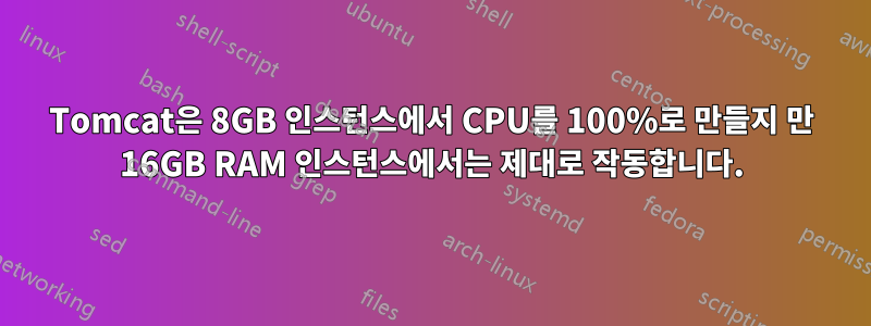 Tomcat은 8GB 인스턴스에서 CPU를 100%로 만들지 만 16GB RAM 인스턴스에서는 제대로 작동합니다.