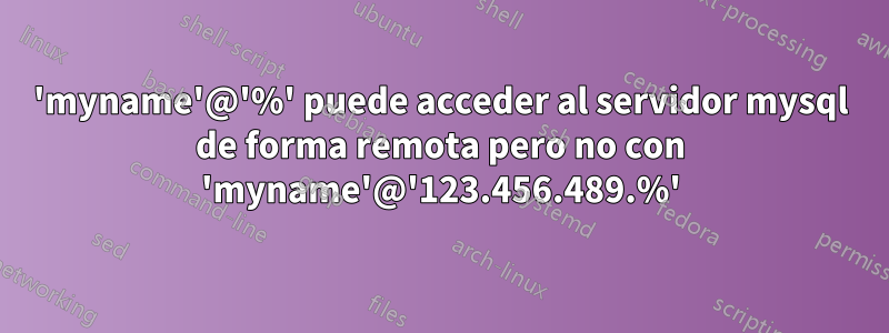 'myname'@'%' puede acceder al servidor mysql de forma remota pero no con 'myname'@'123.456.489.%'