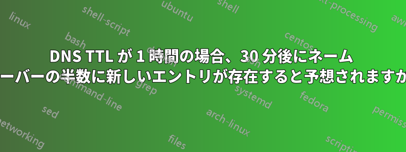 DNS TTL が 1 時間の場合、30 分後にネーム サーバーの半数に新しいエントリが存在すると予想されますか?