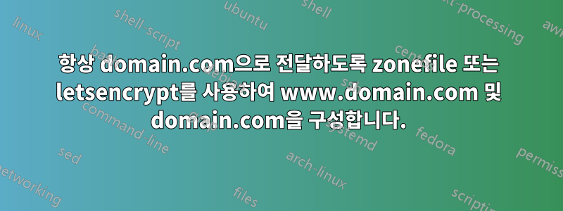 항상 domain.com으로 전달하도록 zonefile 또는 letsencrypt를 사용하여 www.domain.com 및 domain.com을 구성합니다.