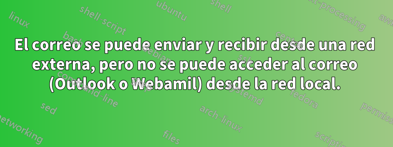 El correo se puede enviar y recibir desde una red externa, pero no se puede acceder al correo (Outlook o Webamil) desde la red local.