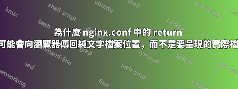為什麼 nginx.conf 中的 return 語句可能會向瀏覽器傳回純文字檔案位置，而不是要呈現的實際檔案？