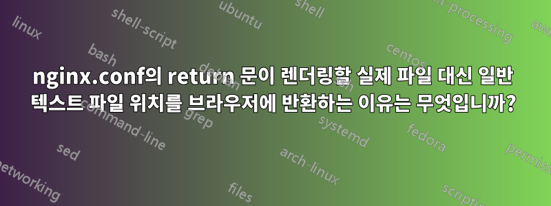 nginx.conf의 return 문이 렌더링할 실제 파일 대신 일반 텍스트 파일 위치를 브라우저에 반환하는 이유는 무엇입니까?