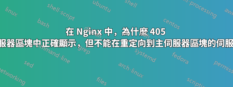 在 Nginx 中，為什麼 405 錯誤頁面可以在主伺服器區塊中正確顯示，但不能在重定向到主伺服器區塊的伺服器區塊中正確顯示？