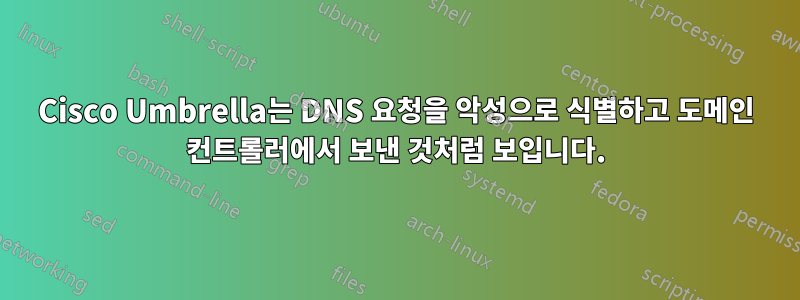 Cisco Umbrella는 DNS 요청을 악성으로 식별하고 도메인 컨트롤러에서 보낸 것처럼 보입니다.