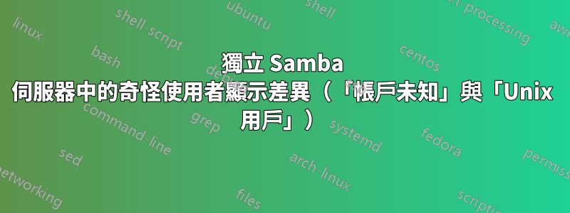 獨立 Samba 伺服器中的奇怪使用者顯示差異（「帳戶未知」與「Unix 用戶」）