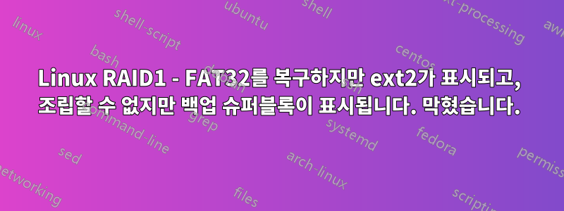 Linux RAID1 - FAT32를 복구하지만 ext2가 표시되고, 조립할 수 없지만 백업 슈퍼블록이 표시됩니다. 막혔습니다.