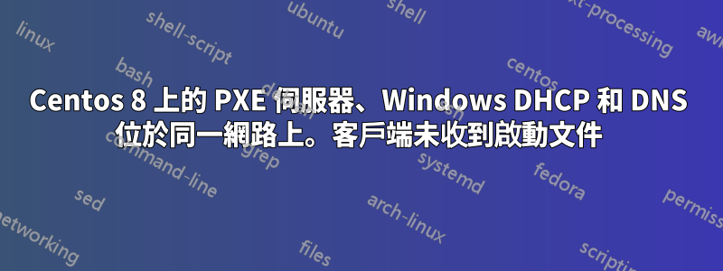 Centos 8 上的 PXE 伺服器、Windows DHCP 和 DNS 位於同一網路上。客戶端未收到啟動文件