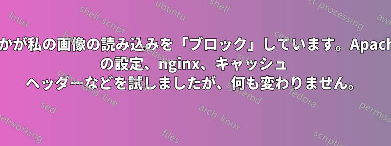 何かが私の画像の読み込みを「ブロック」しています。Apache の設定、nginx、キャッシュ ヘッダーなどを試しましたが、何も変わりません。