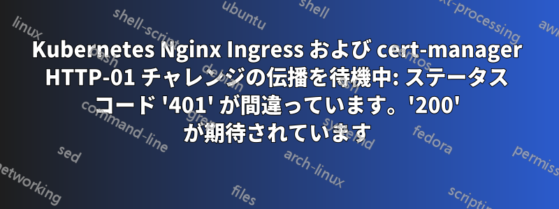 Kubernetes Nginx Ingress および cert-manager HTTP-01 チャレンジの伝播を待機中: ステータス コード '401' が間違っています。'200' が期待されています