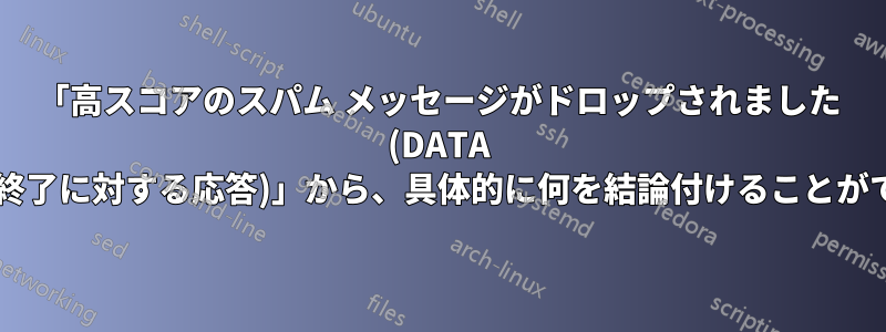 「高スコアのスパム メッセージがドロップされました (DATA コマンドの終了に対する応答)」から、具体的に何を結論付けることができますか?