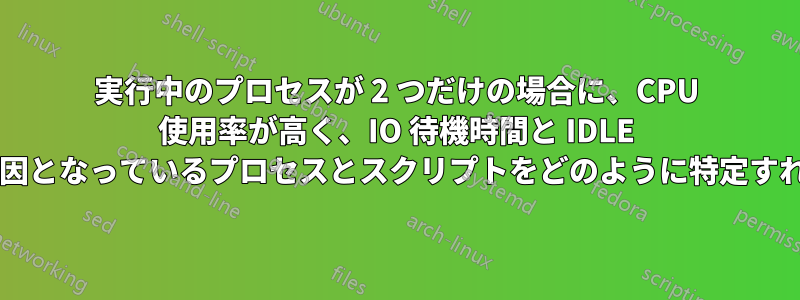 実行中のプロセスが 2 つだけの場合に、CPU 使用率が高く、IO 待機時間と IDLE 時間が短い場合、原因となっているプロセスとスクリプトをどのように特定すればよいでしょうか?