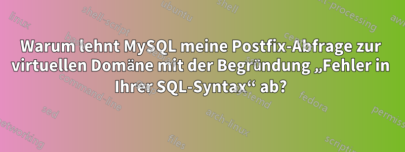 Warum lehnt MySQL meine Postfix-Abfrage zur virtuellen Domäne mit der Begründung „Fehler in Ihrer SQL-Syntax“ ab?