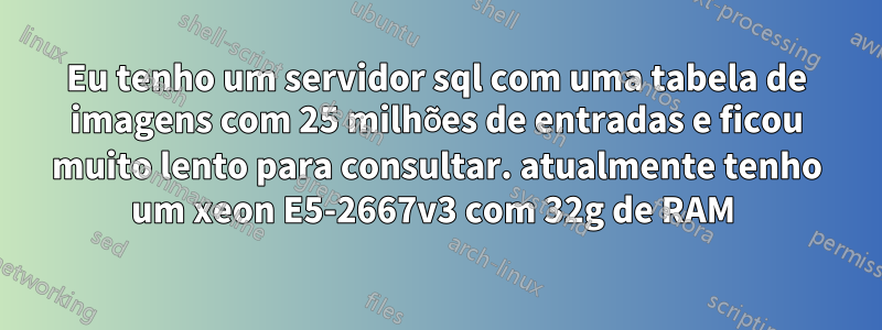 Eu tenho um servidor sql com uma tabela de imagens com 25 milhões de entradas e ficou muito lento para consultar. atualmente tenho um xeon E5-2667v3 com 32g de RAM 