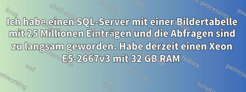 Ich habe einen SQL-Server mit einer Bildertabelle mit 25 Millionen Einträgen und die Abfragen sind zu langsam geworden. Habe derzeit einen Xeon E5-2667v3 mit 32 GB RAM 