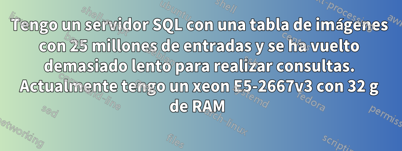 Tengo un servidor SQL con una tabla de imágenes con 25 millones de entradas y se ha vuelto demasiado lento para realizar consultas. Actualmente tengo un xeon E5-2667v3 con 32 g de RAM 