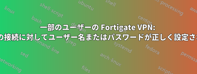 一部のユーザーの Fortigate VPN: 「サーバーにログオンできません。この接続に対してユーザー名またはパスワードが正しく設定されていない可能性があります。(-12)」