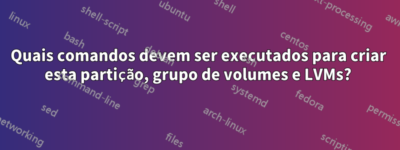 Quais comandos devem ser executados para criar esta partição, grupo de volumes e LVMs?