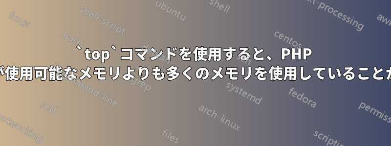 `top`コマンドを使用すると、PHP FPMプロセスが使用可能なメモリよりも多くのメモリを使用していることがわかります。