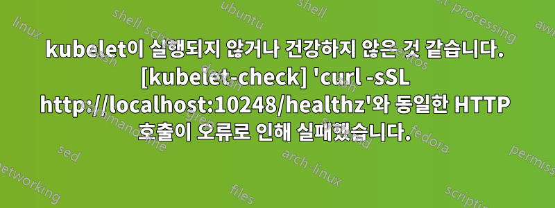 kubelet이 실행되지 않거나 건강하지 않은 것 같습니다. [kubelet-check] 'curl -sSL http://localhost:10248/healthz'와 동일한 HTTP 호출이 오류로 인해 실패했습니다.