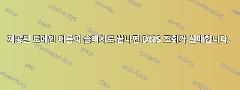 제공된 도메인 이름이 슬래시로 끝나면 DNS 조회가 실패합니다.