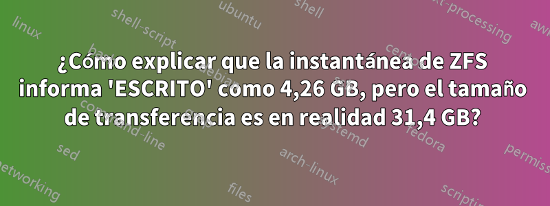 ¿Cómo explicar que la instantánea de ZFS informa 'ESCRITO' como 4,26 GB, pero el tamaño de transferencia es en realidad 31,4 GB?