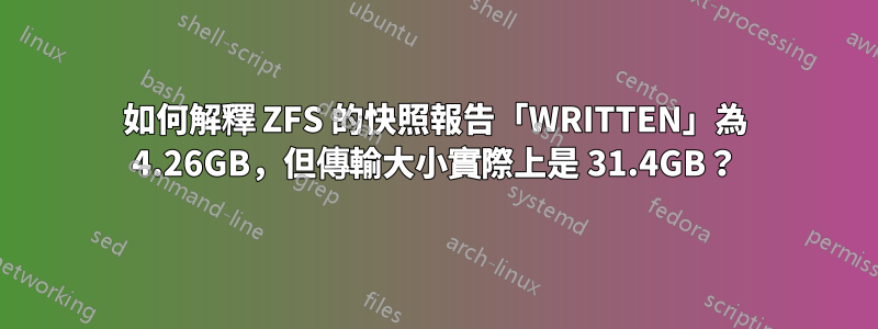 如何解釋 ZFS 的快照報告「WRITTEN」為 4.26GB，但傳輸大小實際上是 31.4GB？