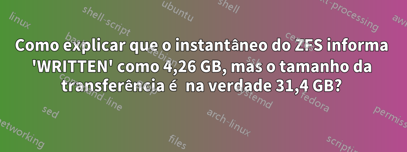 Como explicar que o instantâneo do ZFS informa 'WRITTEN' como 4,26 GB, mas o tamanho da transferência é na verdade 31,4 GB?