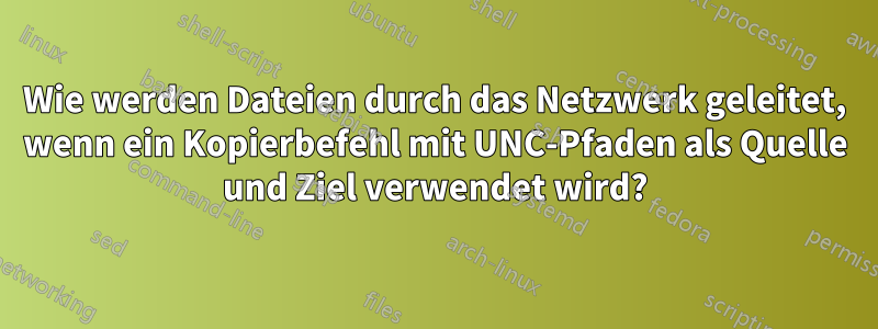 Wie werden Dateien durch das Netzwerk geleitet, wenn ein Kopierbefehl mit UNC-Pfaden als Quelle und Ziel verwendet wird?
