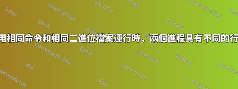 使用相同命令和相同二進位檔案運行時，兩個進程具有不同的行為