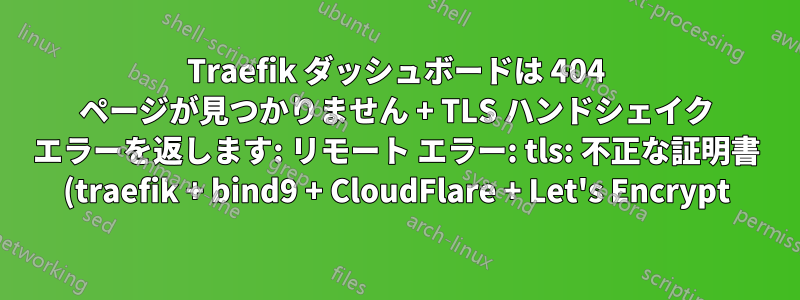 Traefik ダッシュボードは 404 ページが見つかりません + TLS ハンドシェイク エラーを返します: リモート エラー: tls: 不正な証明書 (traefik + bind9 + CloudFlare + Let's Encrypt)