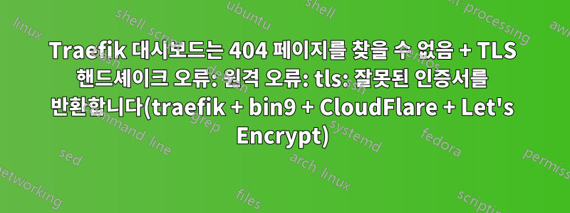 Traefik 대시보드는 404 페이지를 찾을 수 없음 + TLS 핸드셰이크 오류: 원격 오류: tls: 잘못된 인증서를 반환합니다(traefik + bin9 + CloudFlare + Let's Encrypt)